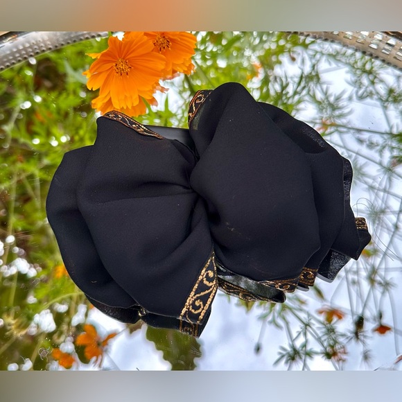 1990's Bessette Black Sheer Chiffon Gold Emebroidered Hair Bow French Barrette - Picture 1 of 5